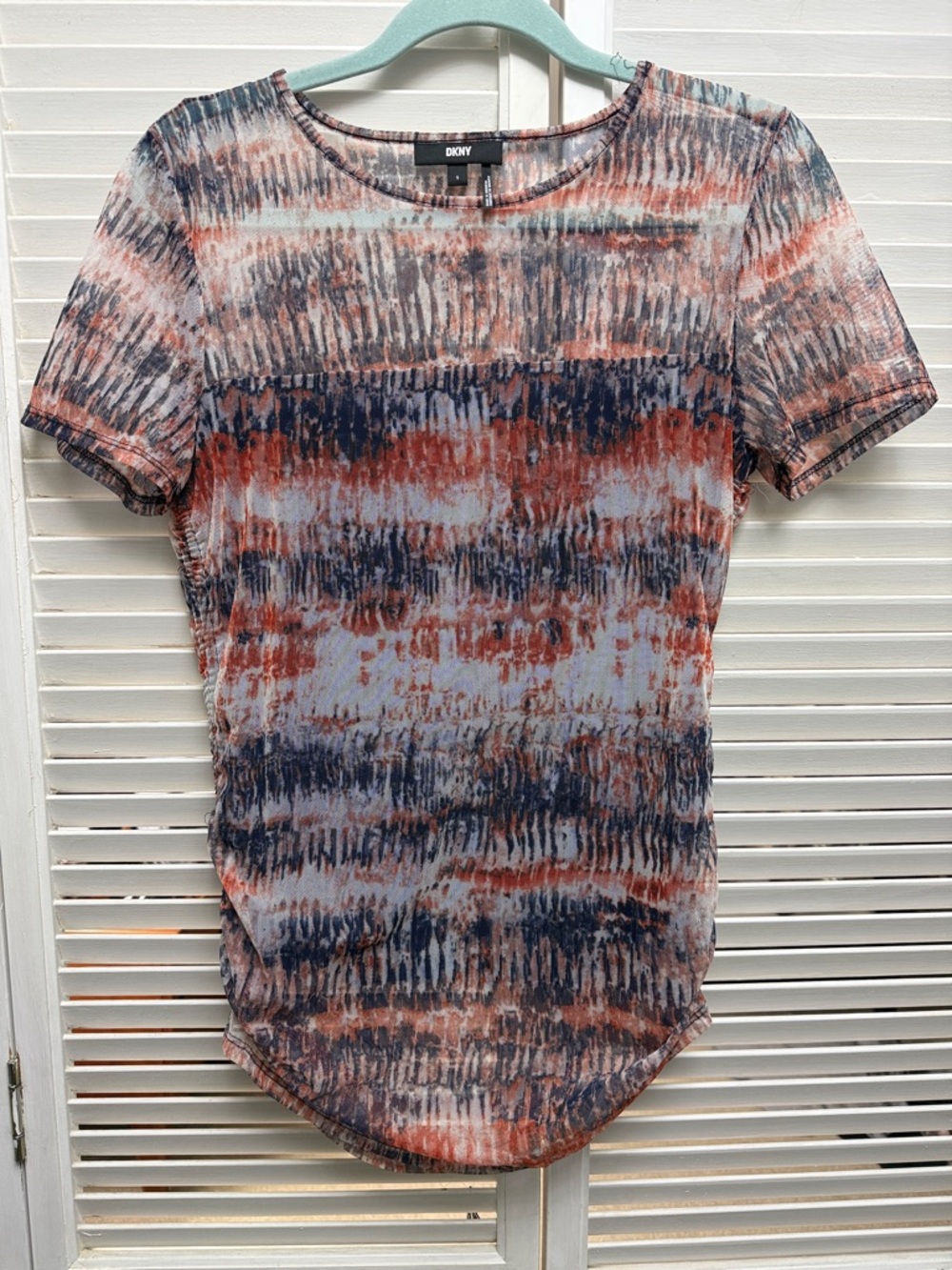 DKNY Short Sleeve Abstract Stripe Tee in Navy & orange